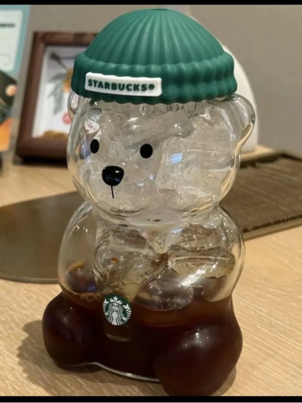Starbucks Clear Bear Tumbler with Green Beanie Lid and Striped Straw
